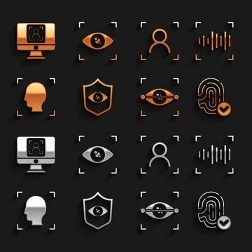 Set Shield eye scan, Voice recognition, Fingerprint, Eye, Face, and icon. Vector Stock Illustration