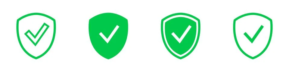 Set of shield icon - check marks, yes or ok. Vector clipart of checkmark, t.. Stock Illustration