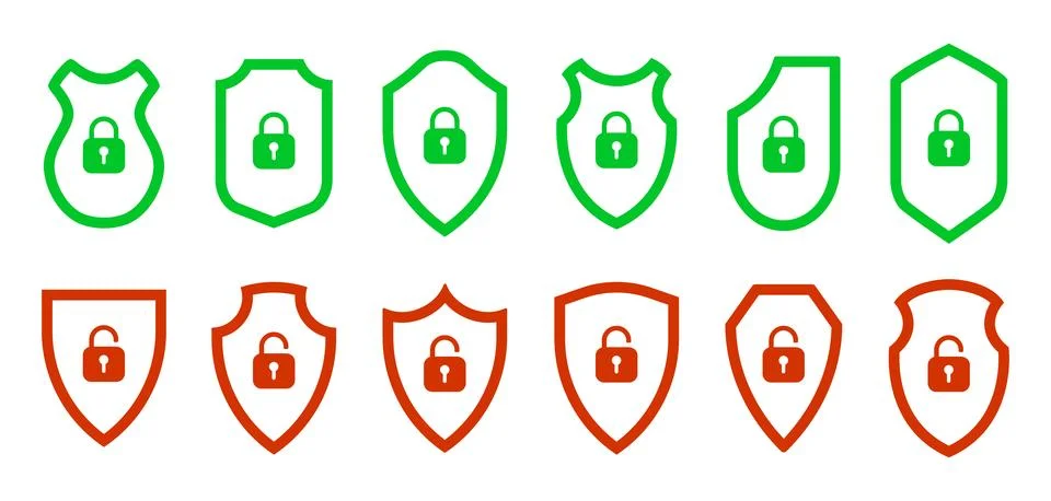 Set of shield icons with lock and unlock symbols in green and red outlines... Stock Illustration