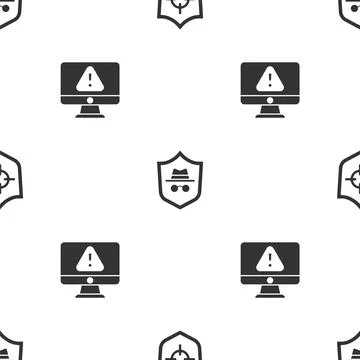 Set Shield, Incognito mode and Monitor with exclamation mark on seamless pattern 스톡 일러스트