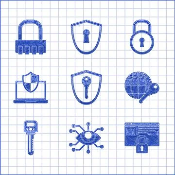 Set Shield with key, Eye scan, Secure your site HTTPS, SSL, Globe, Key, Laptop 库存插图