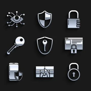 Set Shield with key Firewall security wall Lock Secure your site HTTPS SSL Sm Stock Illustration