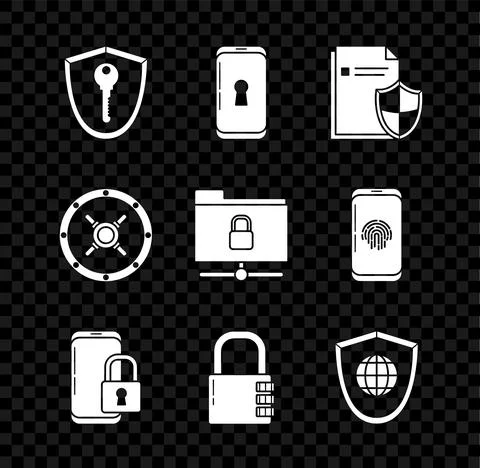 Set Shield with key, Smartphone lock, Document protection concept, closed Illustrazione stock