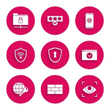 Set Shield with keyhole, Bricks, Eye scan, Secure your site HTTPS, SSL, Globe Ilustração Stock