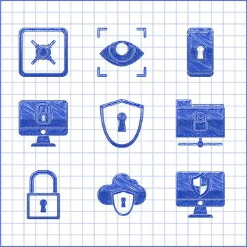 Set Shield with keyhole, Cloud and shield, Computer monitor, FTP folder lock Stock Illustration