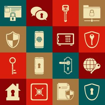 Set Shield with keyhole, Globe, Key, Smartphone fingerprint scanner, Secure your 库存插图
