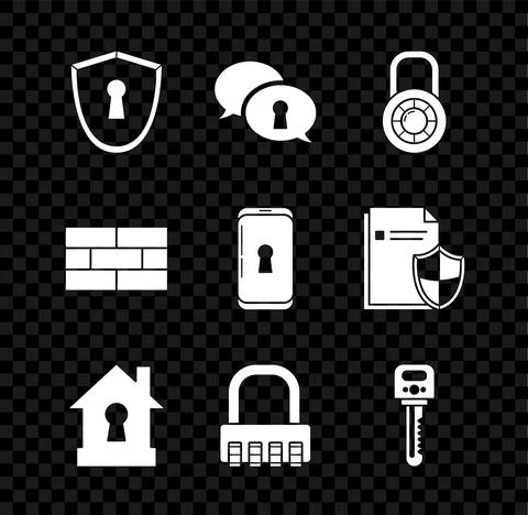Set Shield with keyhole, Protection of personal data, Safe combination lock Stock Illustration