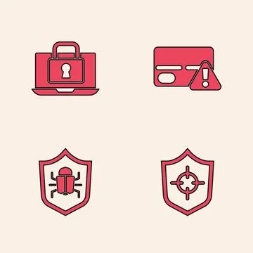 Set Shield, Laptop and lock, Credit card and System bug icon. Vector Stock Illustration