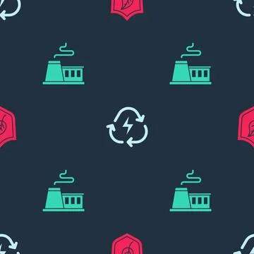 Set Shield with leaf, Battery recycle and Factory on seamless pattern. Vector Illustrazione stock