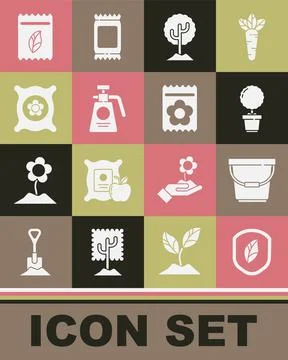 Set Shield with leaf, Bucket, Flower in pot, Tree, Garden sprayer for fertili Illustration