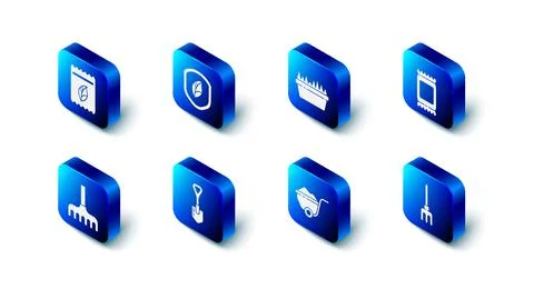 Set Shield with leaf, Fresh grass in rectangular, Fertilizer bag, Garden rake イラスト素材