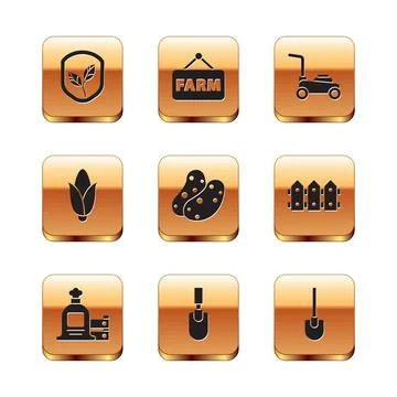 Set Shield with leaf, Full sack and wooden box, Garden trowel spade or shovel Stock Illustration