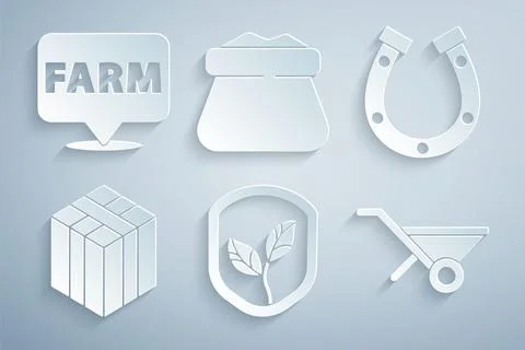 Set Shield with leaf, Horseshoe, Bale of hay, Wheelbarrow, Full sack and Stockillustratie