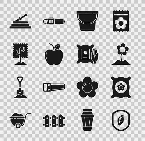 Set Shield with leaf, Pack full of seeds of plant, Flower, Bucket, Apple, Tree Illustration