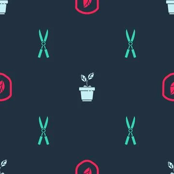 Set Shield with leaf, Plant in pot and Gardening handmade scissors on seamless Illustration