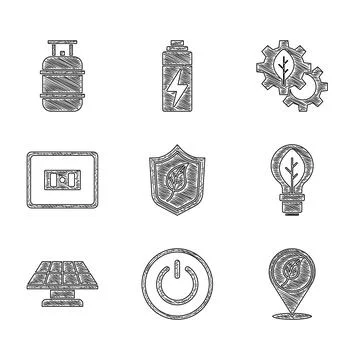 Set Shield with leaf, Power button, Location, Light bulb, Solar energy panel Ilustración de archivo