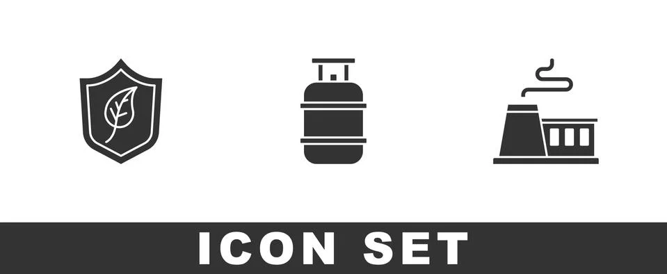 Set Shield with leaf, Propane gas tank and Factory icon. Vector Ilustración de archivo