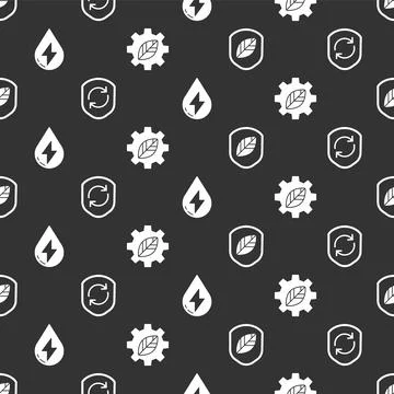 Set Shield with leaf, Recycle symbol inside shield, Water energy and Leaf plant Stock Illustration