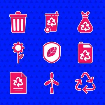 Set Shield with leaf, Wind turbine, Recycle symbol, Eco fuel canister, Paper Stock Illustration
