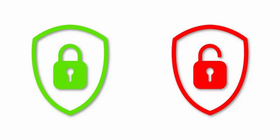 Set of Shield Lock and Unlock Icon. Symbol padlock. Vector sign Illustration. Stock Illustration