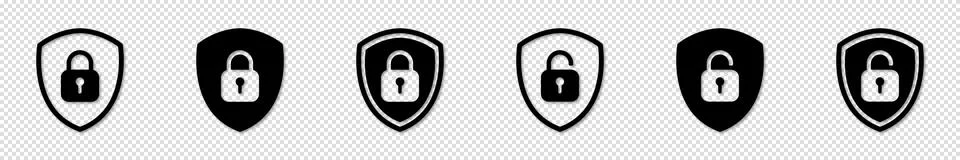 Set of Shield Lock and Unlock Icon. Symbol padlock. Vector sign Illustration. Stock Illustration