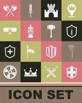 Set Shield, Magic staff, Medieval shield with sword, Castle, fortress, iron.. Illustrazione stock
