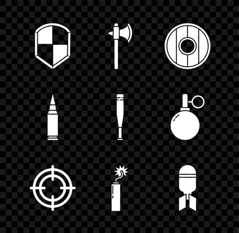Set Shield, Medieval axe, Round wooden shield, Target sport, Dynamite bomb stick Stock Illustration