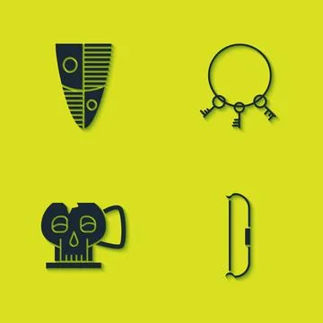 Set Shield, Medieval bow, Cup from the skull and Old keys icon. Vector Stock Illustration