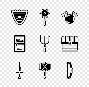 Set Shield, Medieval chained mace ball, shield with axe, Dagger, bow, Card .. Stock Illustration