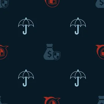 Set Shield, Money bag with shield and Umbrella on seamless pattern. Vector Stock Illustration