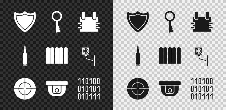 Set Shield, Old key, Bulletproof vest, Target sport, Motion sensor, Binary code Illustrazione stock