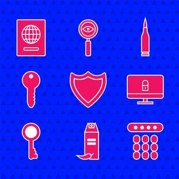 Set Shield, Pepper spray, Password protection, Lock computer monitor, Old key Stock Illustration