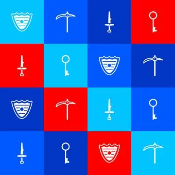Set Shield, Pickaxe, Dagger and Old key icon. Vector Illustrazione stock