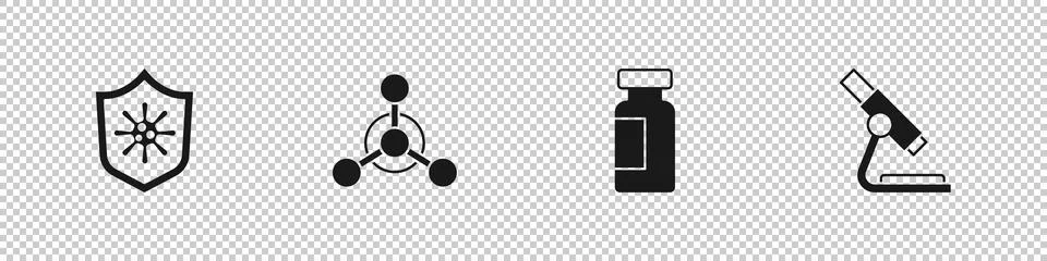 Set Shield protecting from virus, Molecule, Test tube and flask and Microscope 스톡 일러스트