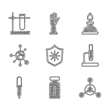 Set Shield protecting from virus, Test tube and flask, Molecule, Microscope Illustrazione stock