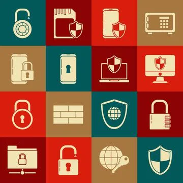 Set Shield, Safe combination lock, Computer monitor and shield, Smartphone with Stock Illustration
