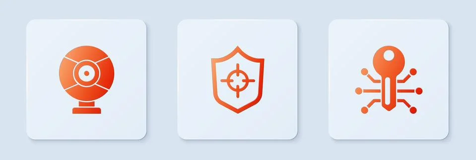 Set Shield, Security camera and Smart key. White square button. Vector Stock Illustration