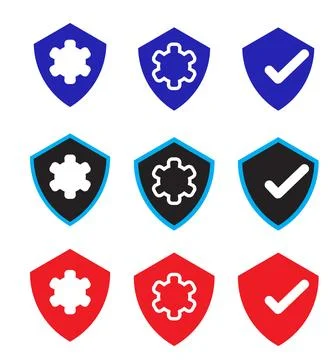 Set of Shield Security Icons Showing Virus, Protection and Checkmark Badges.. Stock Illustration