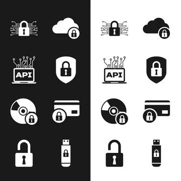 Set Shield security with lock, Computer api interface, Cyber, Cloud computing 스톡 일러스트