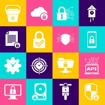 Set Shield security with lock, Computer api interface, Smartphone, Cyber, Lock Illustrazione stock