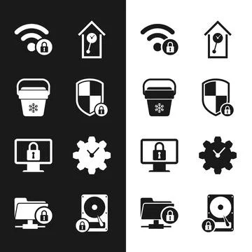 Set Shield security with lock, Cooler bag, Wifi locked, Retro wall watch, L.. Stock Illustration