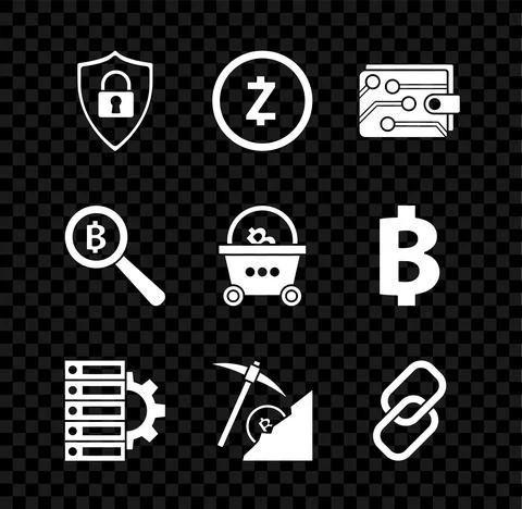 Set Shield security with lock, Cryptocurrency coin Zcash ZEC, wallet, Server and 스톡 일러스트