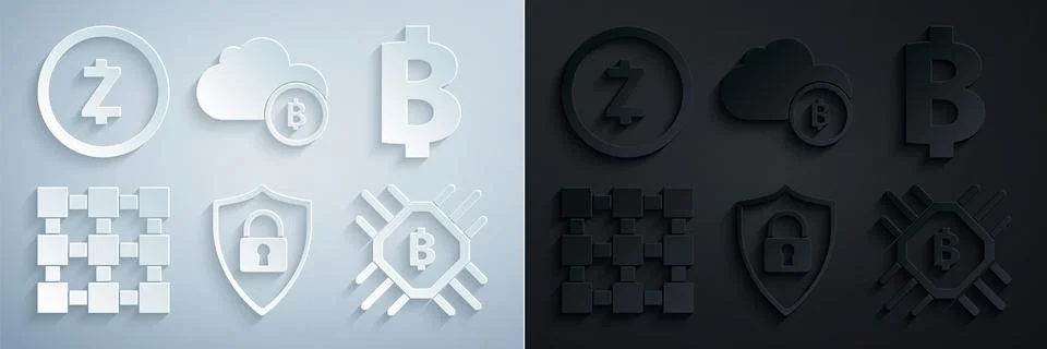 Set Shield security with lock, Cryptocurrency coin Bitcoin, Blockchain Stock Illustration