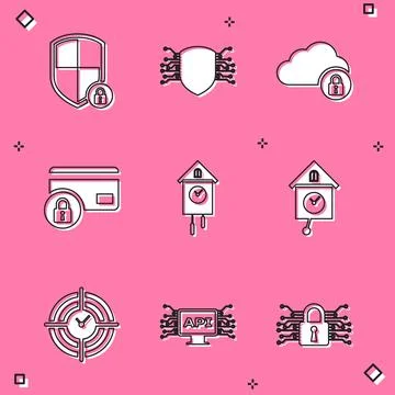 Set Shield security with lock, Cyber, Cloud computing, Credit card, Retro wall Stock Illustration