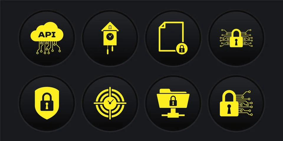 Set Shield security with lock, Cyber, Time Management, FTP folder and, Document Stock Illustration