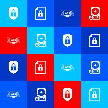 Set Shield security with lock, Document and, Computer api interface and Hard Illustrazione stock