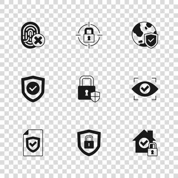 Set Shield security with lock, Eye scan, House under protection, world glob.. Stock Illustration