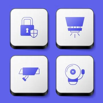 Set Shield security with lock, Fire sprinkler system, Security camera and 스톡 일러스트