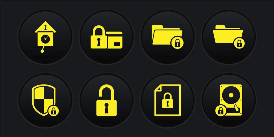 Set Shield security with lock, Folder and, Open padlock, Document, and Credit Stock Illustration