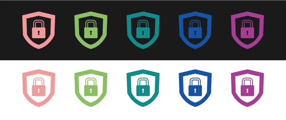 Set Shield security with lock icon isolated on black and white background 스톡 일러스트